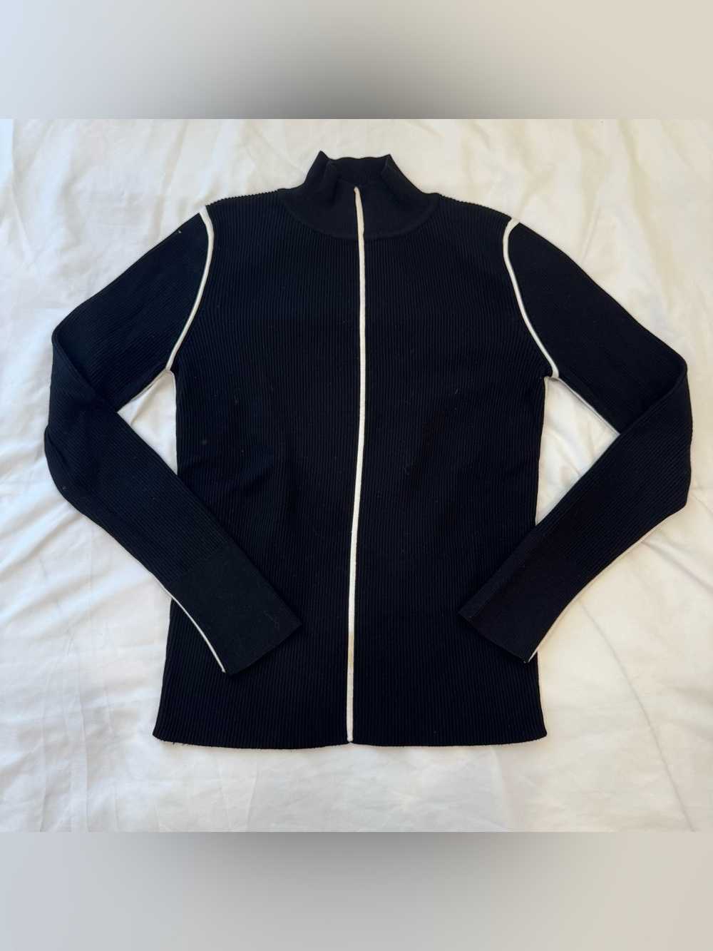 Zara Knit Contrast Trim Ribbed Mock Neck Long Sleeve Top Sweater Black White M